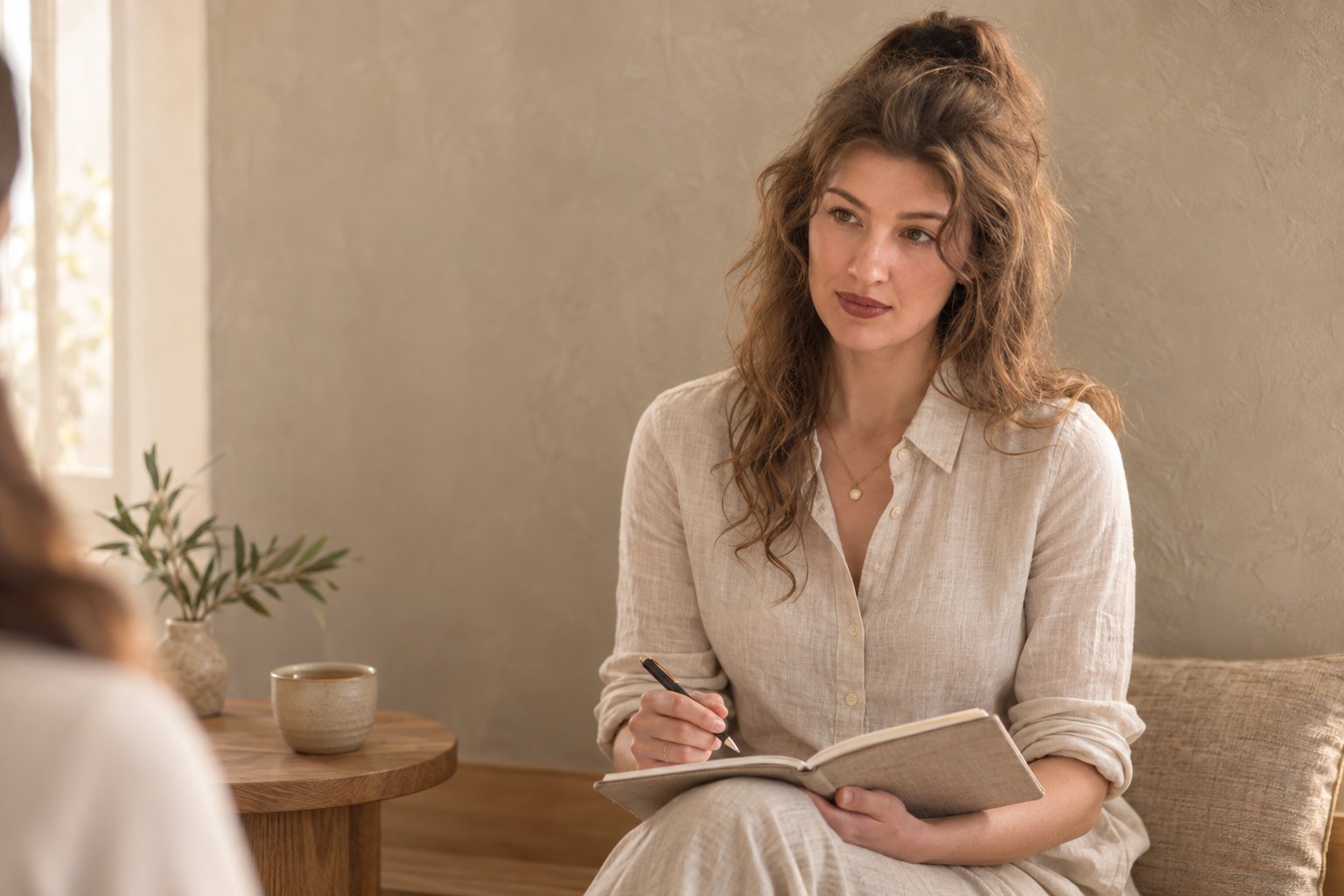 Amra seated with a notebook during the consultation