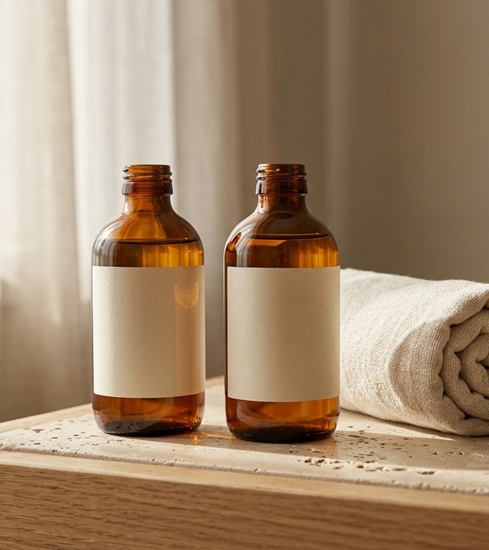 Two bottles of oil and a rolled towel on an oak table
