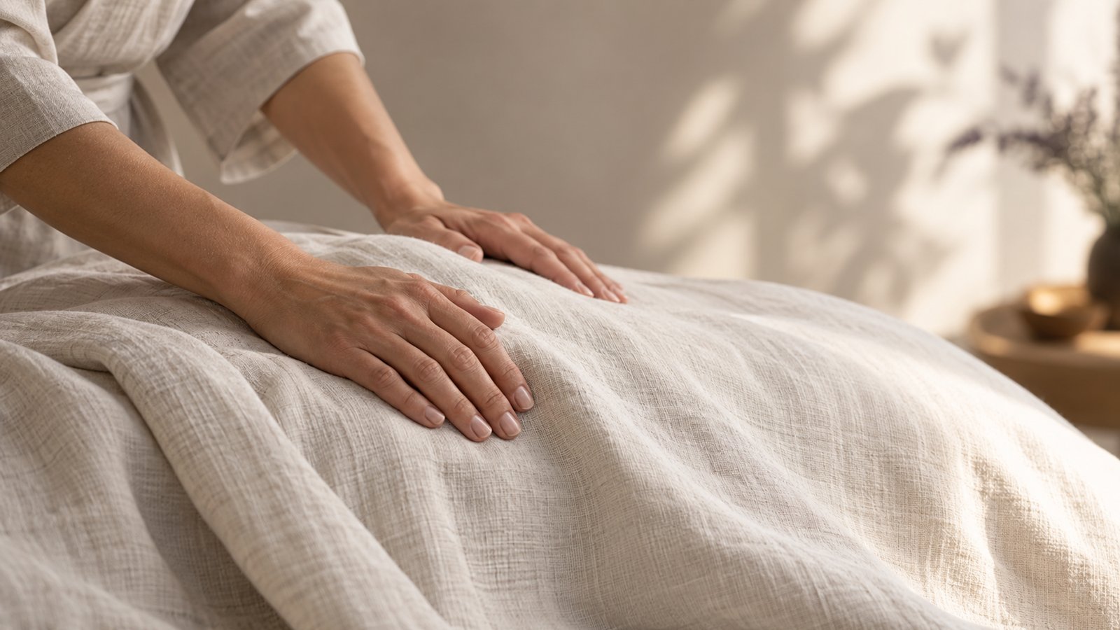 Hands resting on folded linen