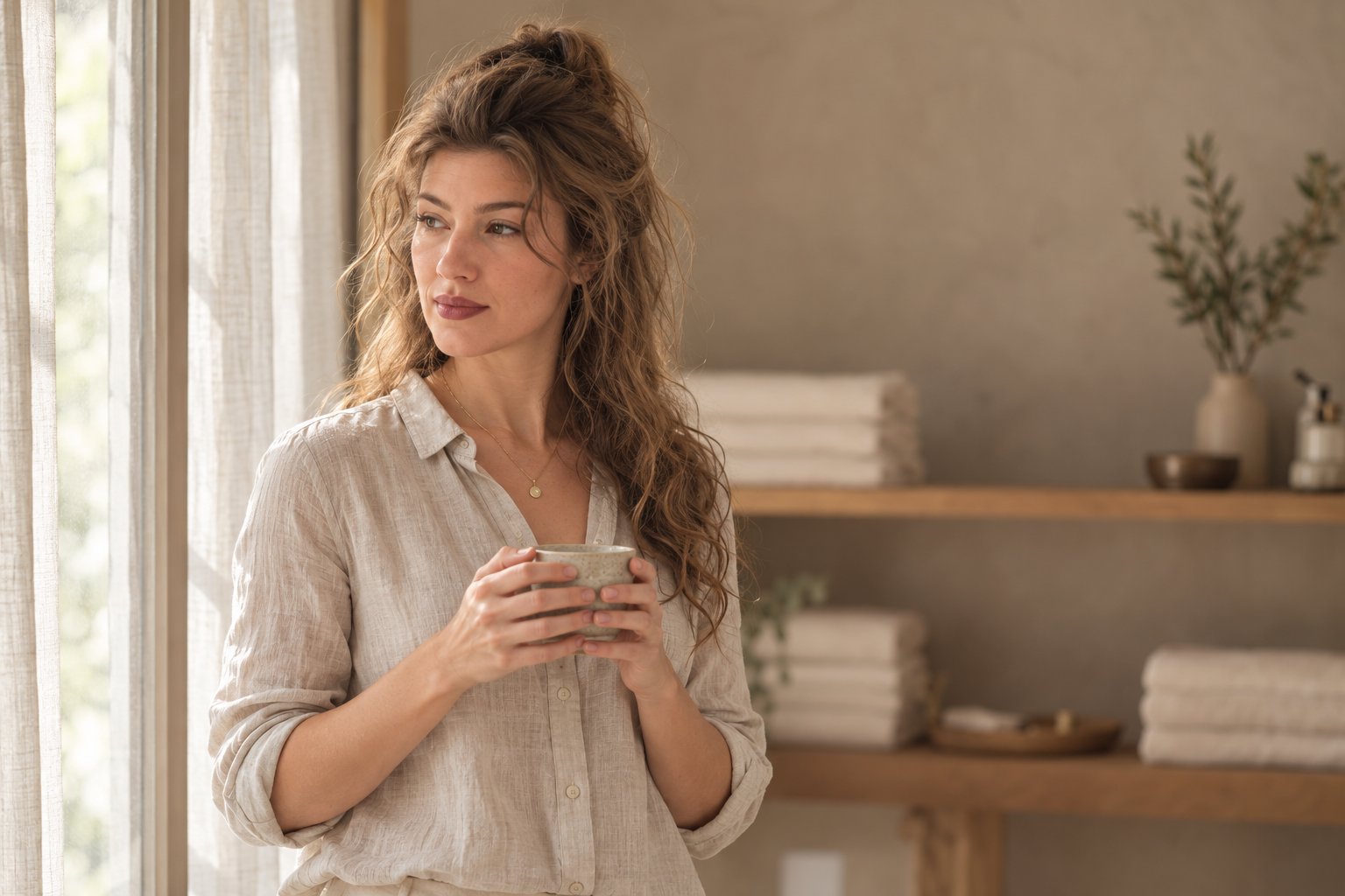 Amra at the window with a cup of tea